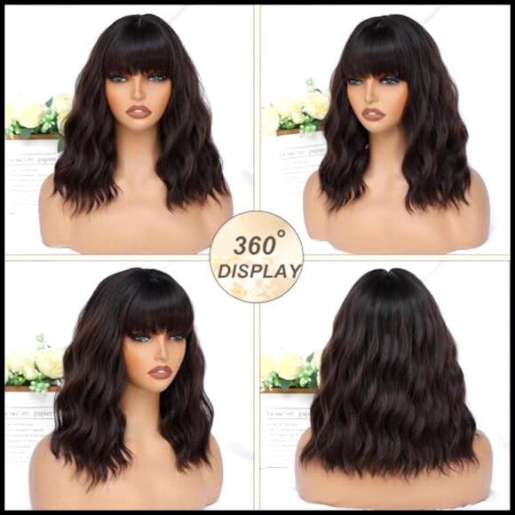 Synthetic Wavy Bob Wig with Bangs Heat Resistant Lightweight Party Wear